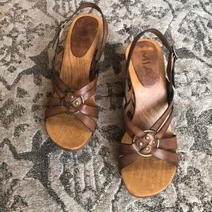 MIA brown leather and wood clog sandals